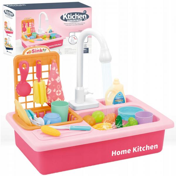 Žaislinė virtuvės kriauklė su indais ir bėgančiu vandeniu SINK rožinė